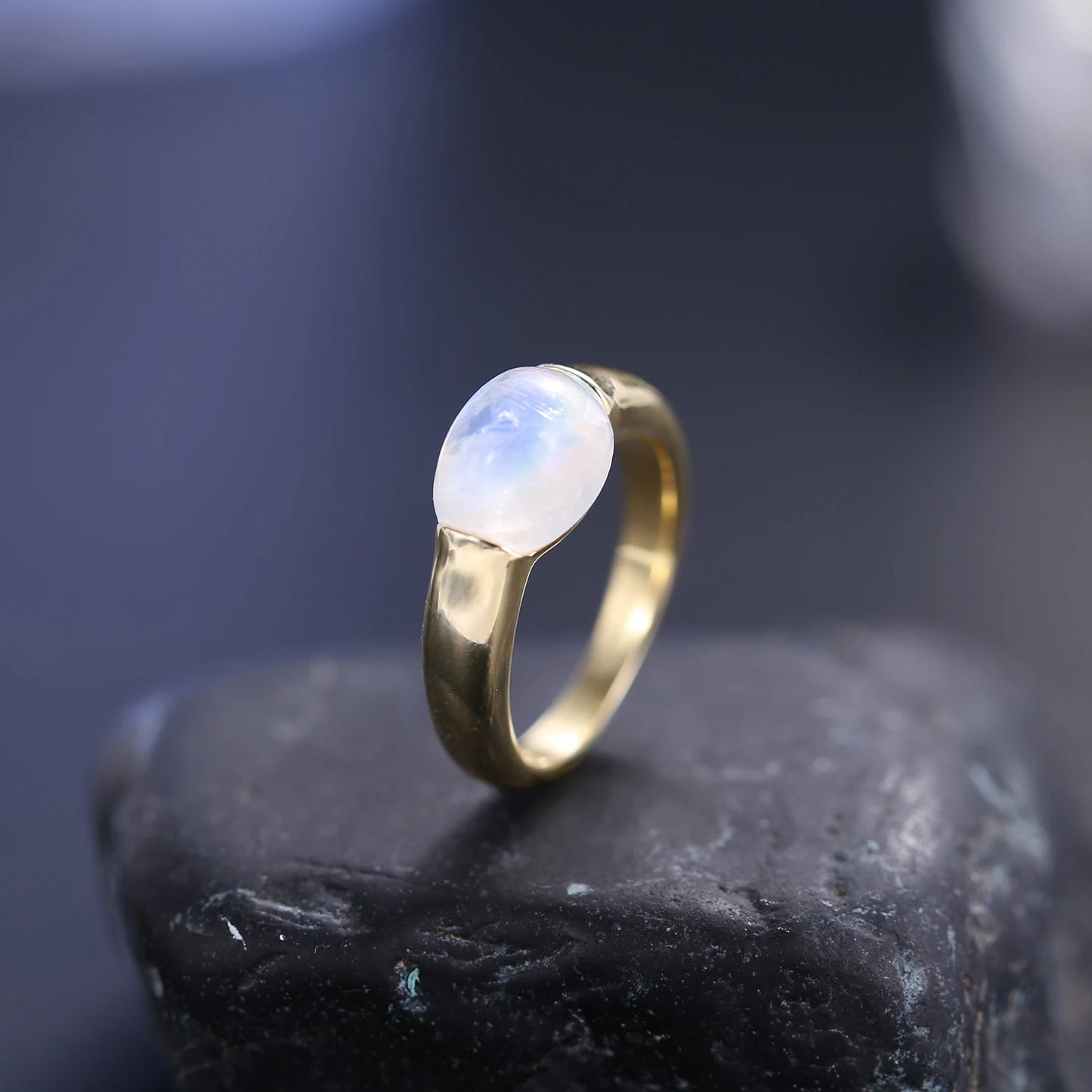 Natural Rainbow Moonstone Ring 925 Sterling Silver 18K Gold Plated