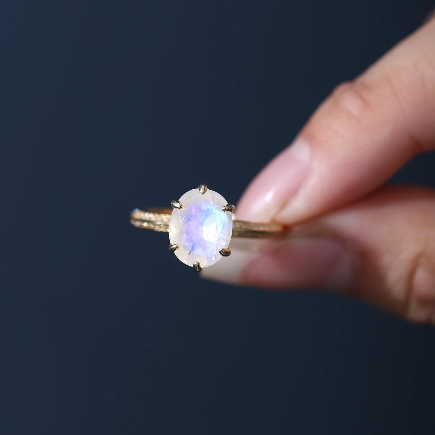 Oval Milky Blue Moonstone Ring, 925 Sterling Silver