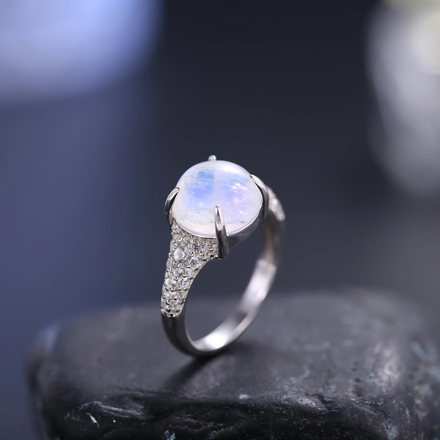 Natural Rainbow Moonstone Dainty Rings, 925 Sterling Silver