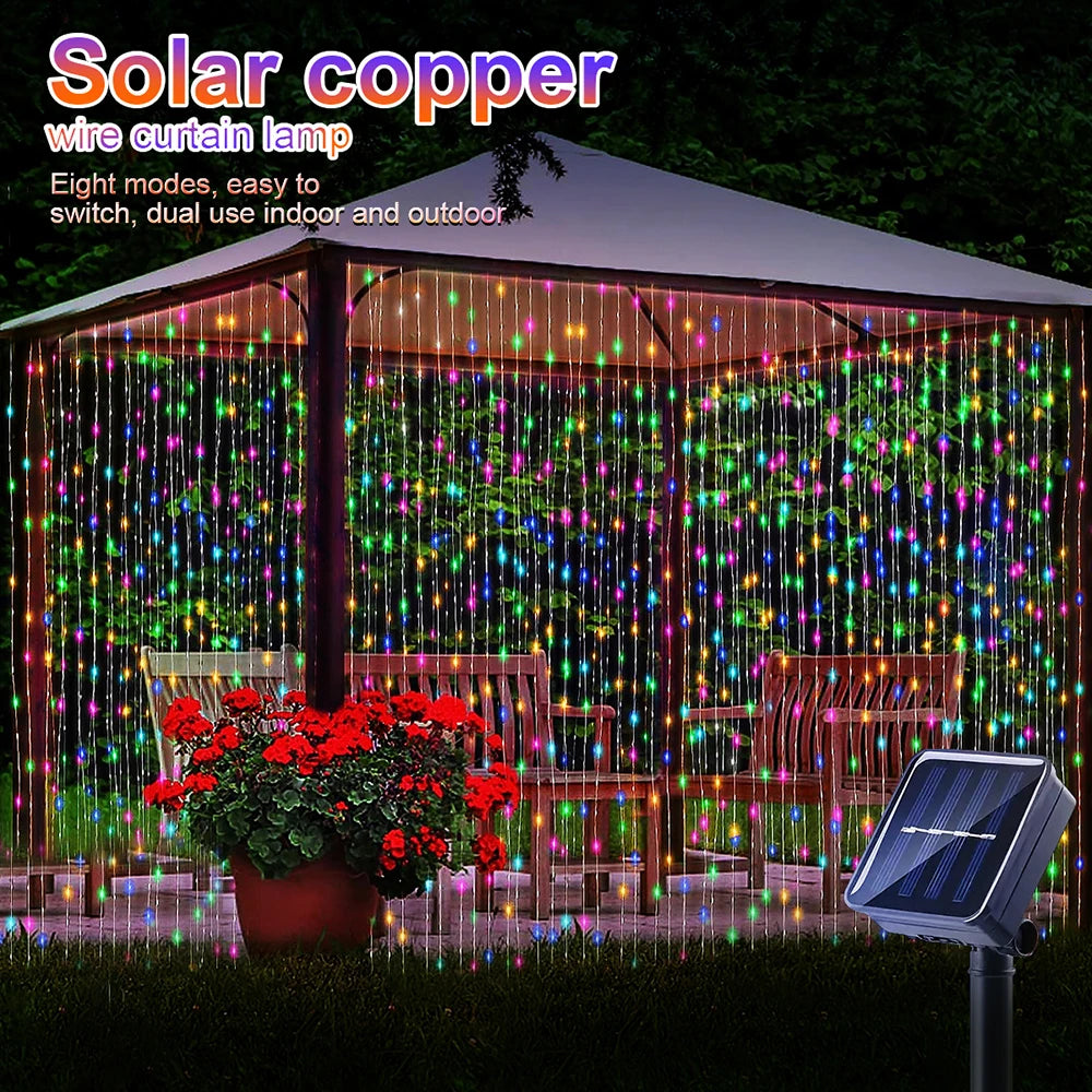 300Leds Solar Curtain Light Outdoor Fairy Garland String Lights 8 Modes Wedding Party Garden Decor Christmas Holiday Lighting