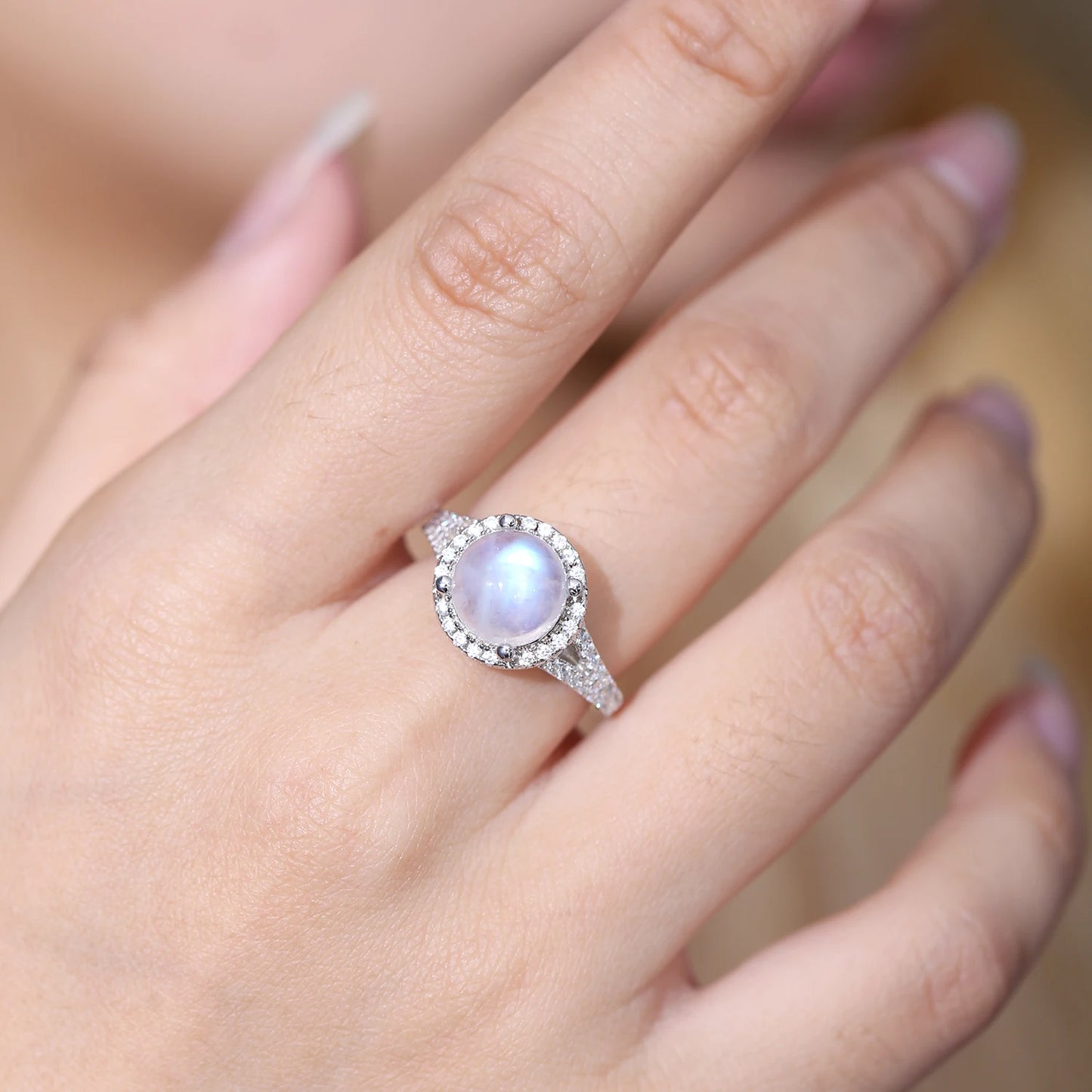Natural Rainbow Moonstone Rings, 925 Sterling Silver