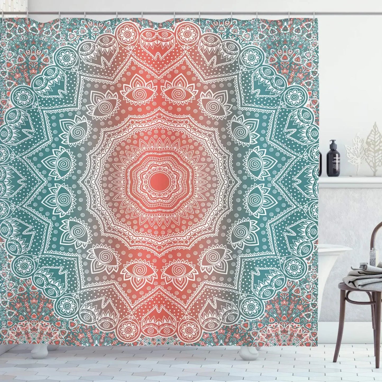 Mandala Flower Fabric Shower Curtain Set with Hooks