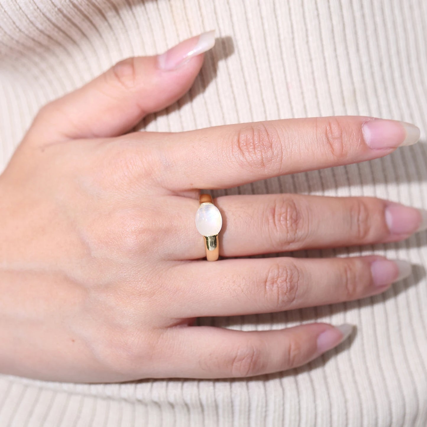 Natural Rainbow Moonstone Ring 925 Sterling Silver 18K Gold Plated