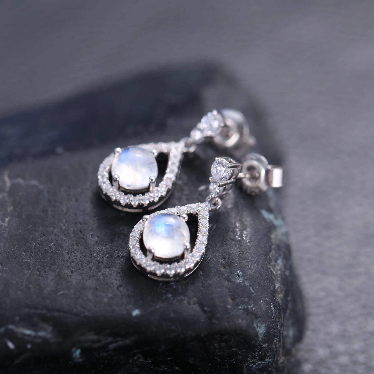 Natural Blue Moonstone Crystal Dangle Earrings