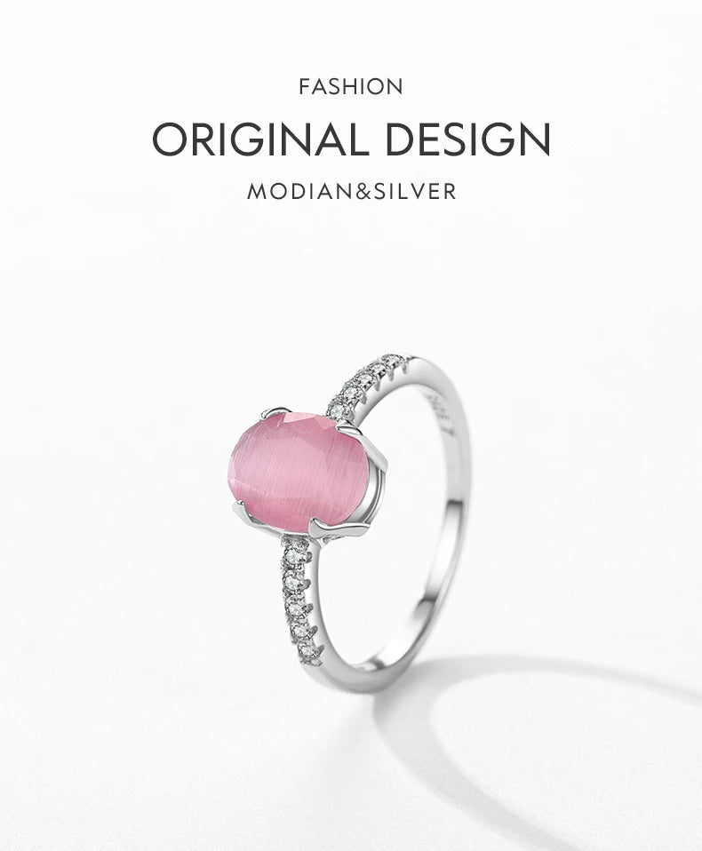 Modian Genuine 925 Sterling Silver Oval Pink Opal Ring