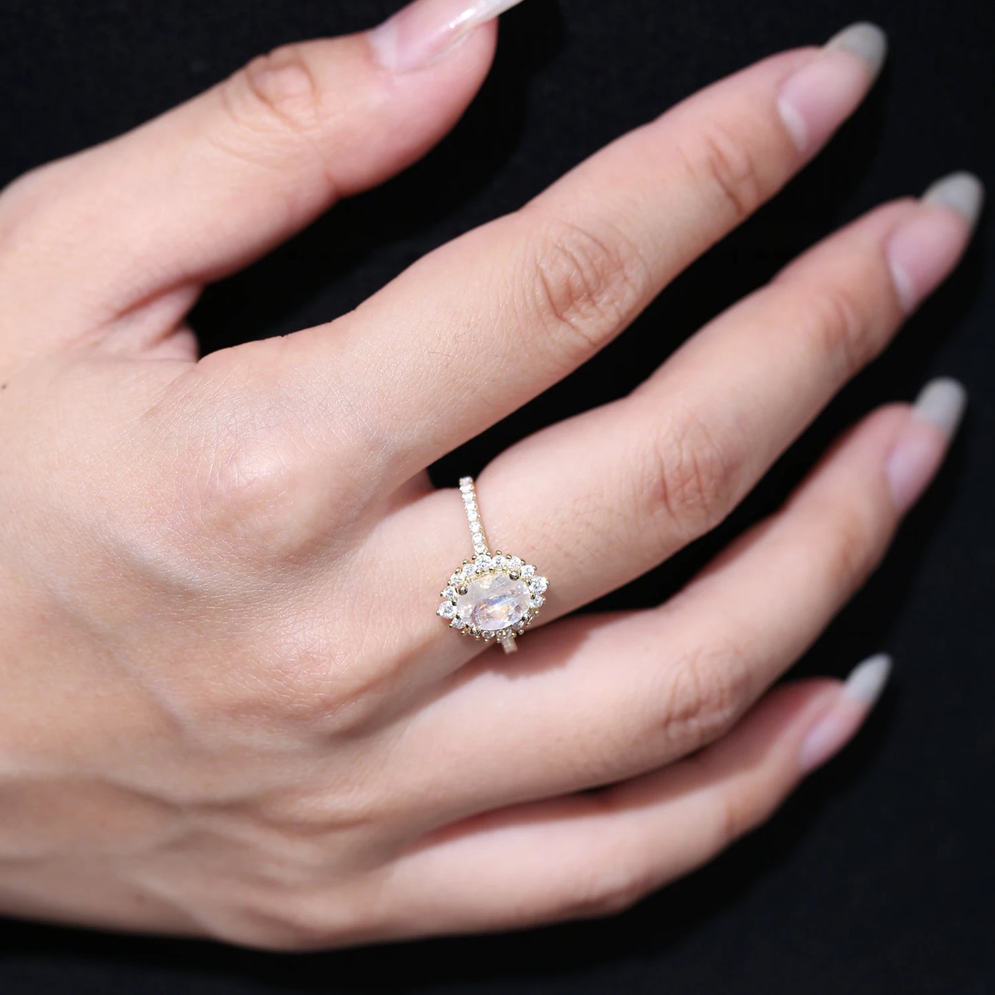 Natural Milky Blue Moonstone Halo Rings in 925 Sterling Silver