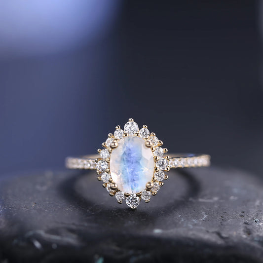 Natural Milky Blue Moonstone Halo Rings in 925 Sterling Silver
