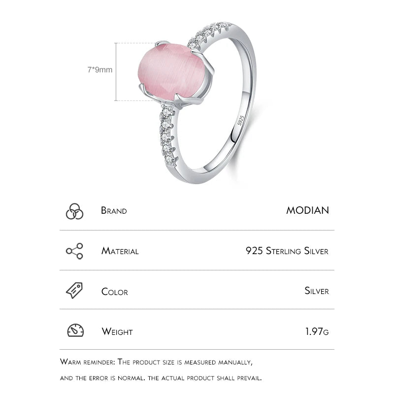 Modian Genuine 925 Sterling Silver Oval Pink Opal Ring