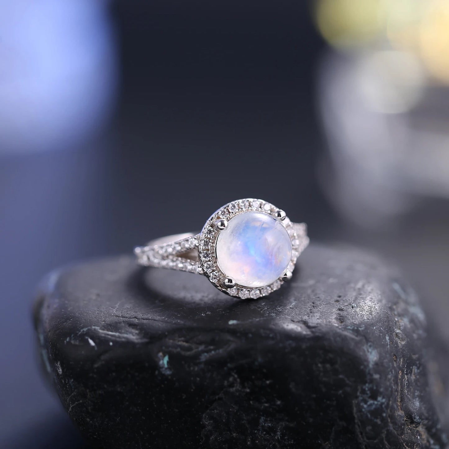 Natural Rainbow Moonstone Rings, 925 Sterling Silver