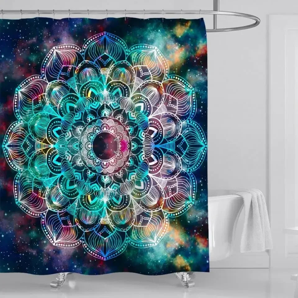 Mandala Flower Fabric Shower Curtain Set with Hooks