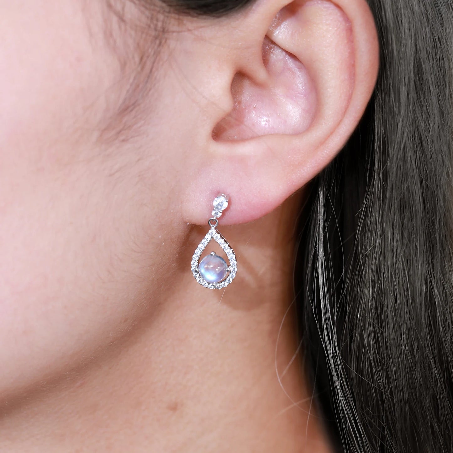 Natural Blue Moonstone Crystal Dangle Earrings