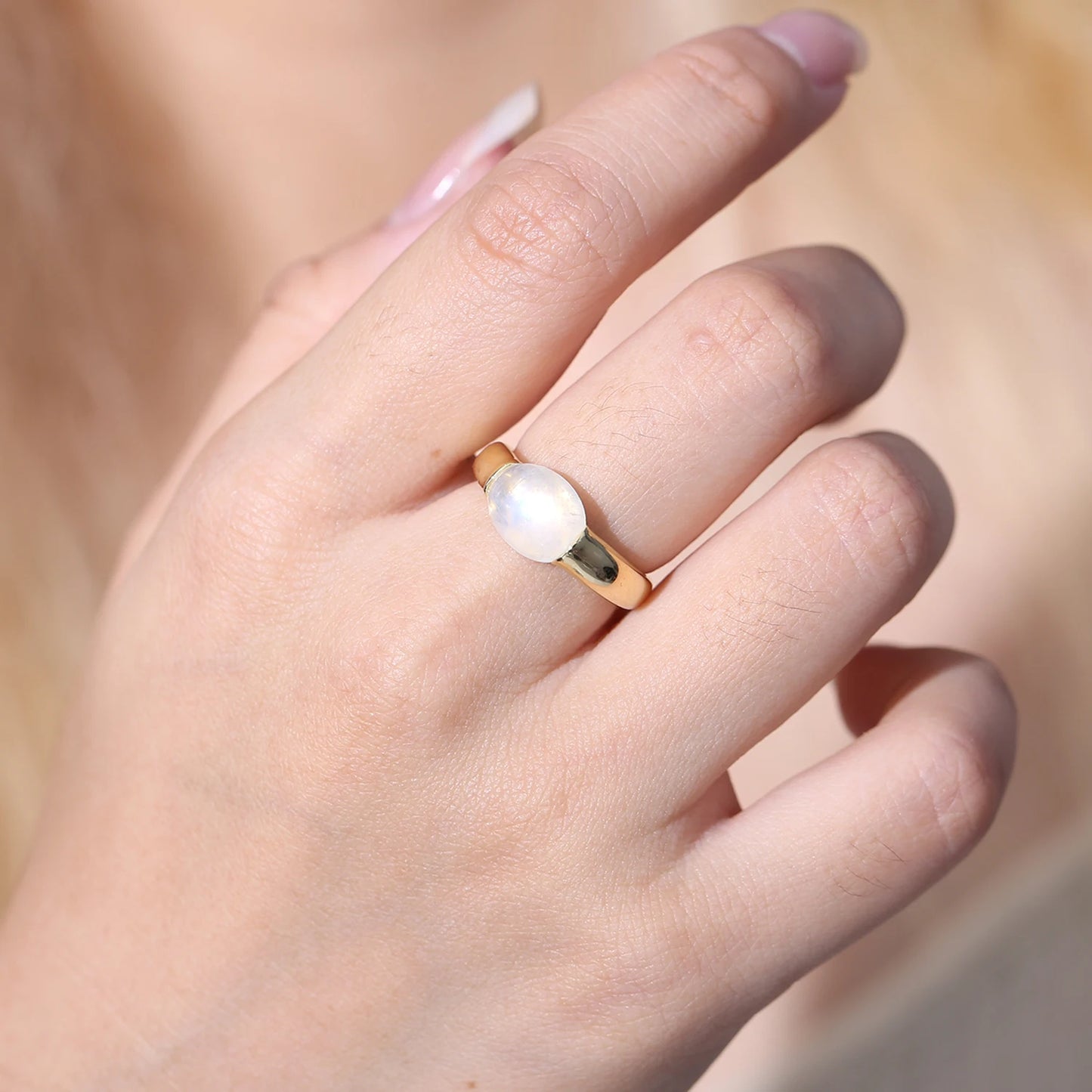 Natural Rainbow Moonstone Ring 925 Sterling Silver 18K Gold Plated