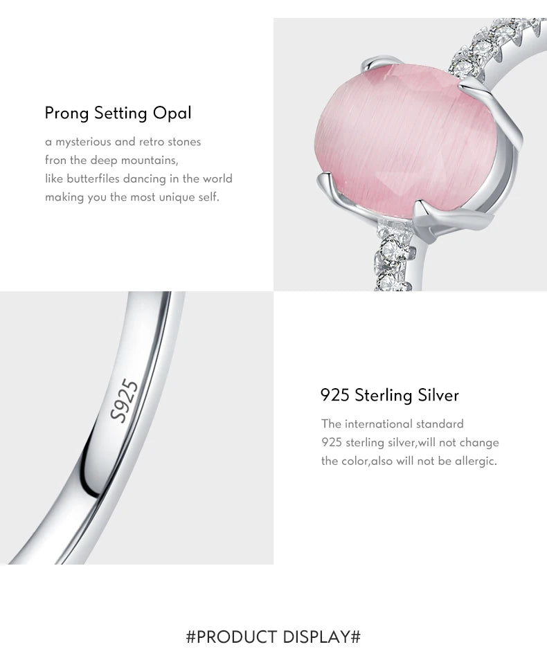 Modian Genuine 925 Sterling Silver Oval Pink Opal Ring