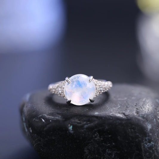 Natural Rainbow Moonstone Dainty Rings, 925 Sterling Silver