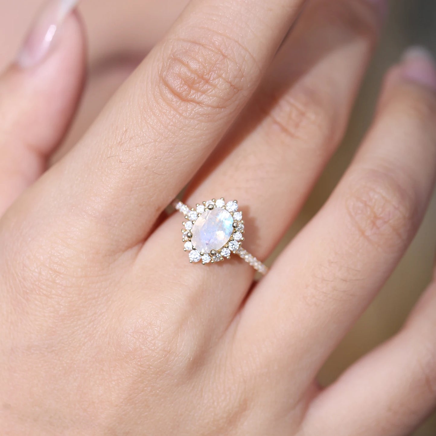 Natural Milky Blue Moonstone Halo Rings in 925 Sterling Silver