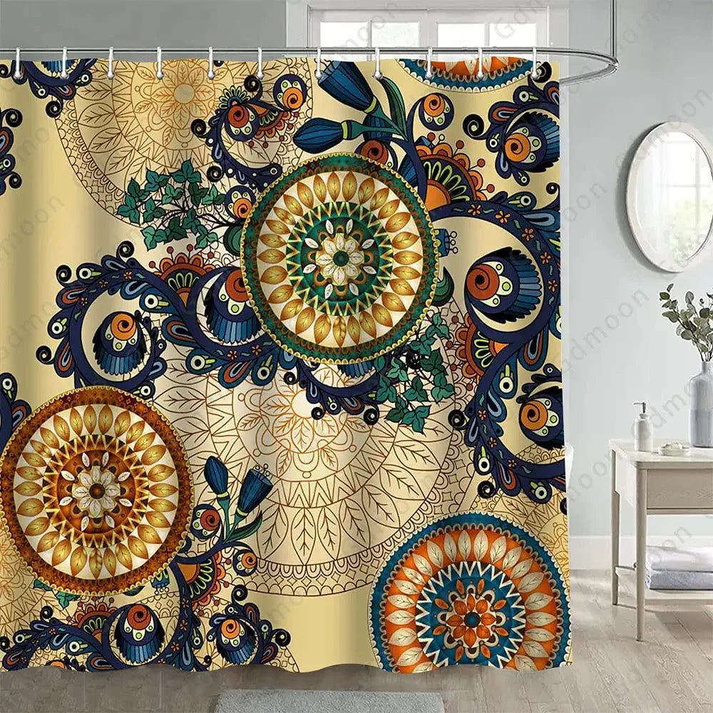 Mandala Flower Fabric Shower Curtain Set with Hooks