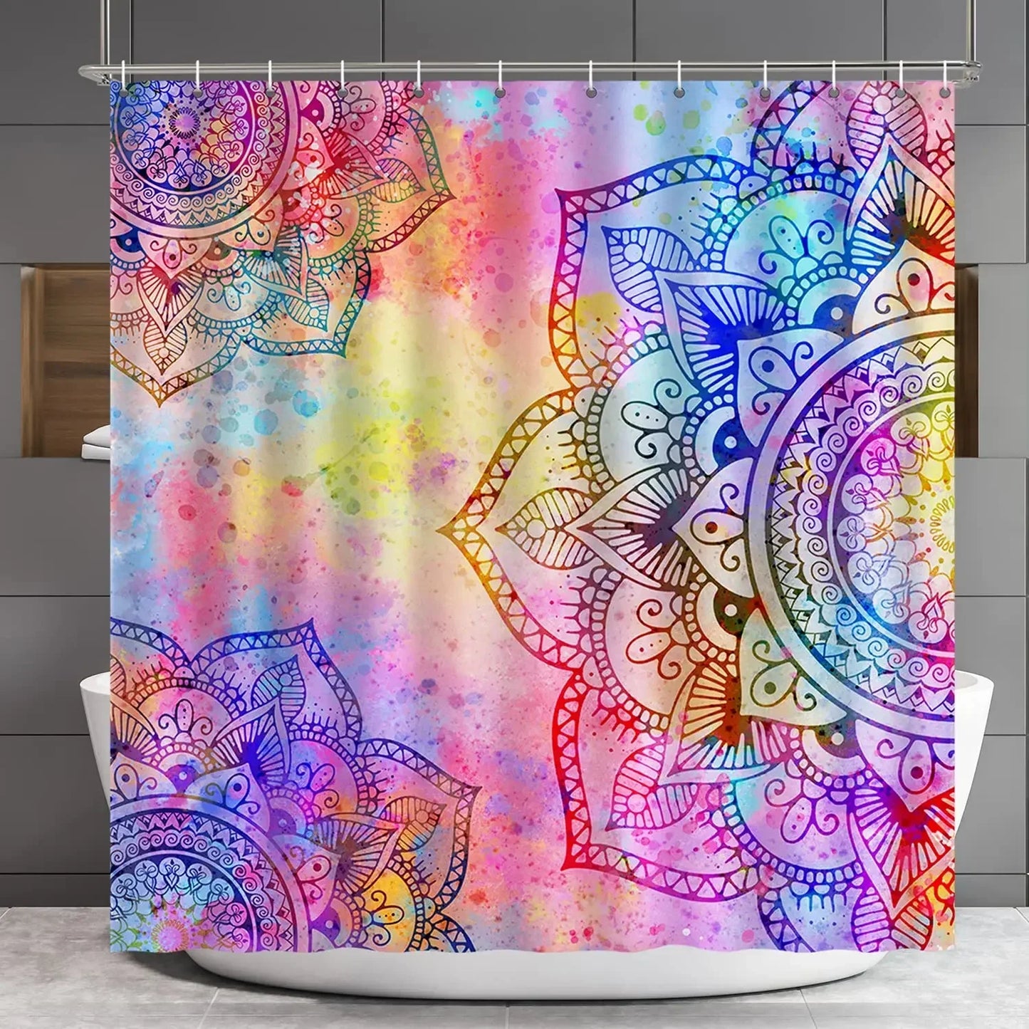 Mandala Flower Fabric Shower Curtain Set with Hooks