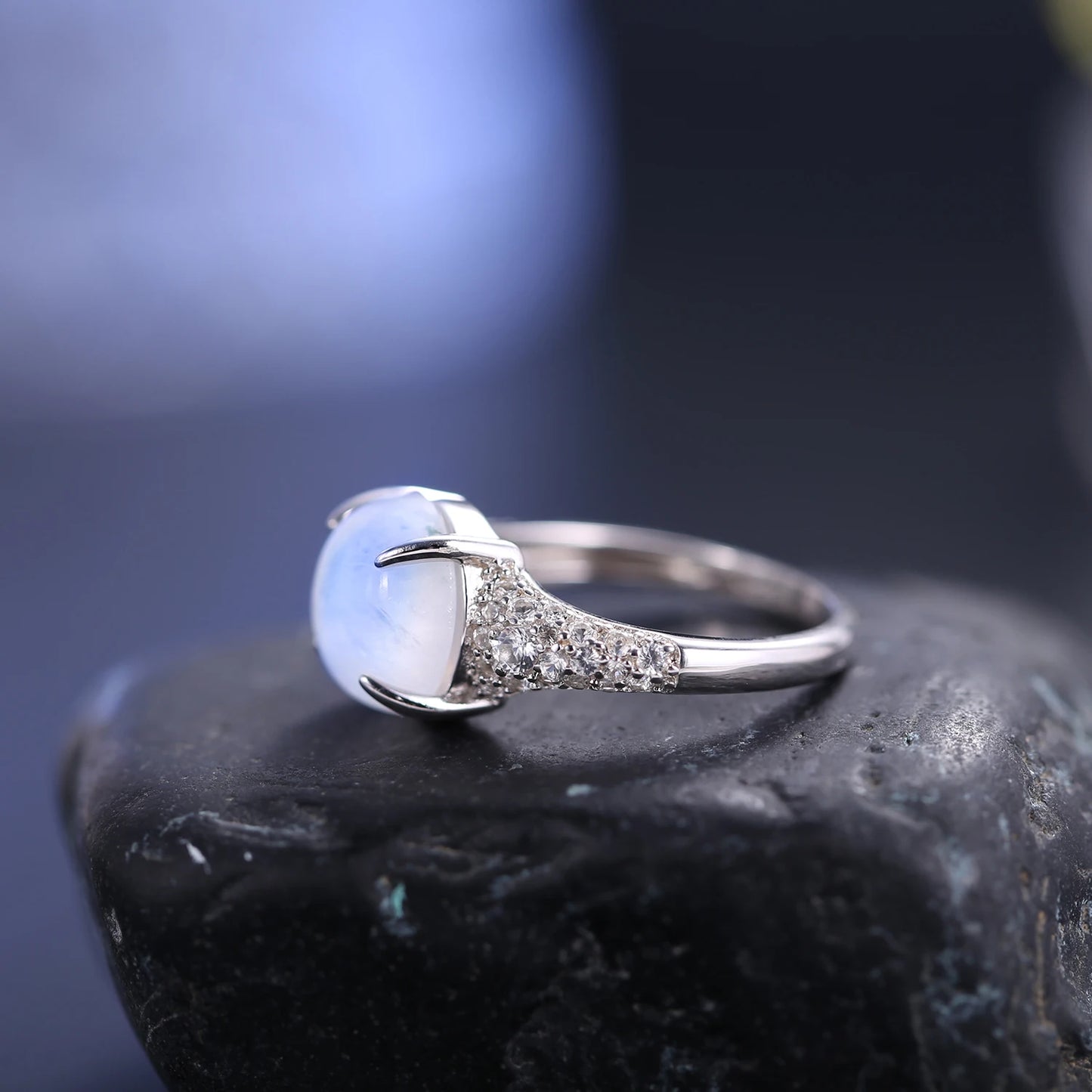 Natural Rainbow Moonstone Dainty Rings, 925 Sterling Silver