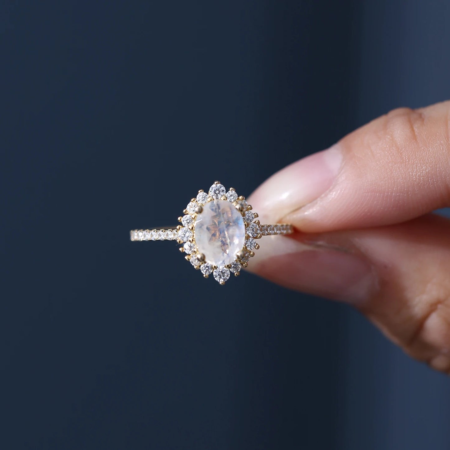 Natural Milky Blue Moonstone Halo Rings in 925 Sterling Silver