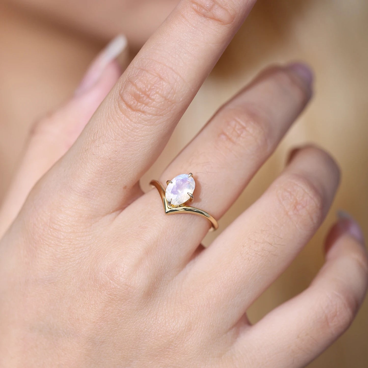 Gold Curved Ring Milky Blue Moonstone 925 Sterling Silver