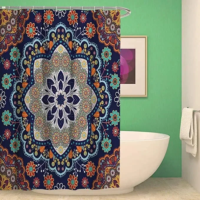 Mandala Flower Fabric Shower Curtain Set with Hooks