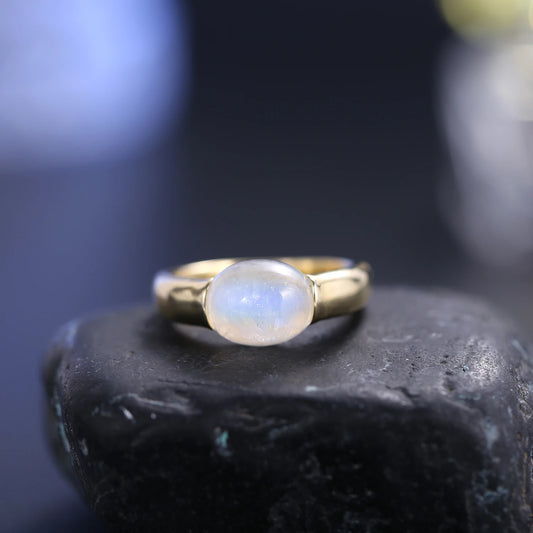 Natural Rainbow Moonstone Ring 925 Sterling Silver 18K Gold Plated