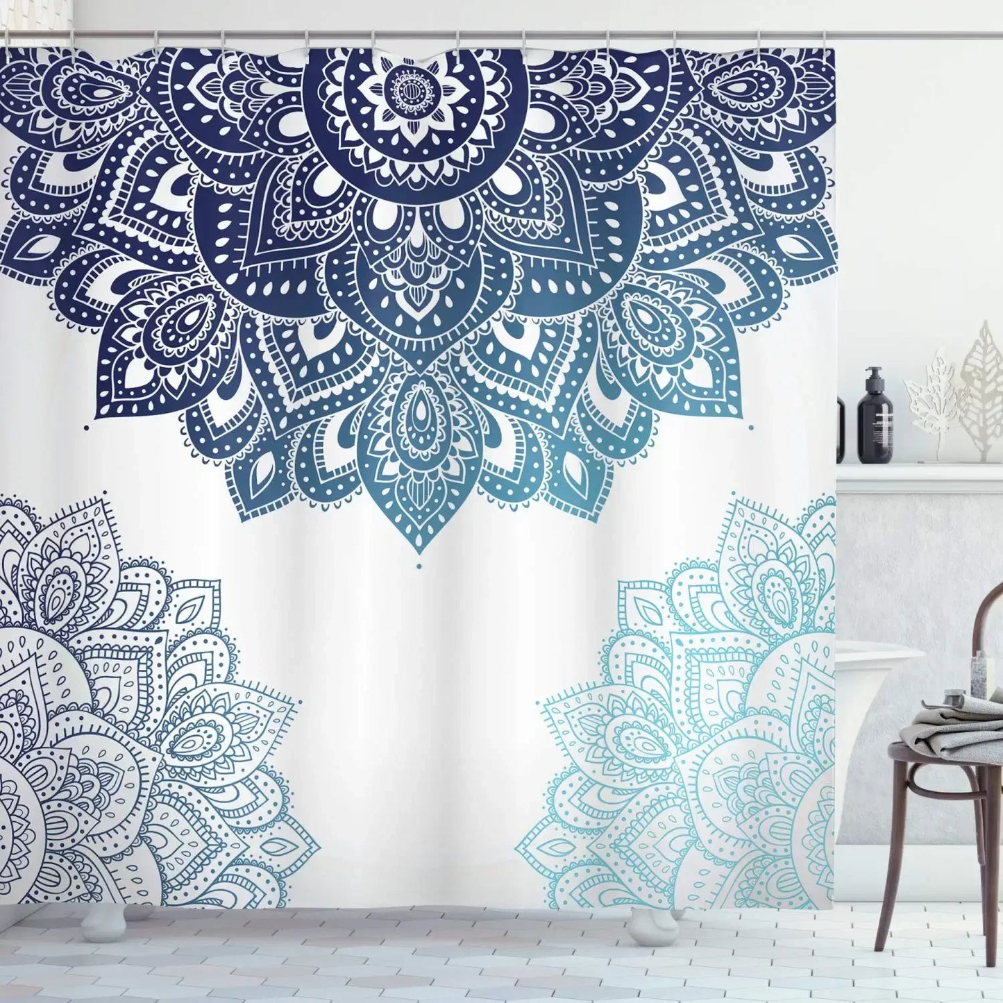 Mandala Flower Fabric Shower Curtain Set with Hooks