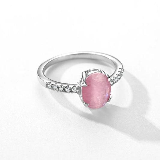 Modian Genuine 925 Sterling Silver Oval Pink Opal Ring