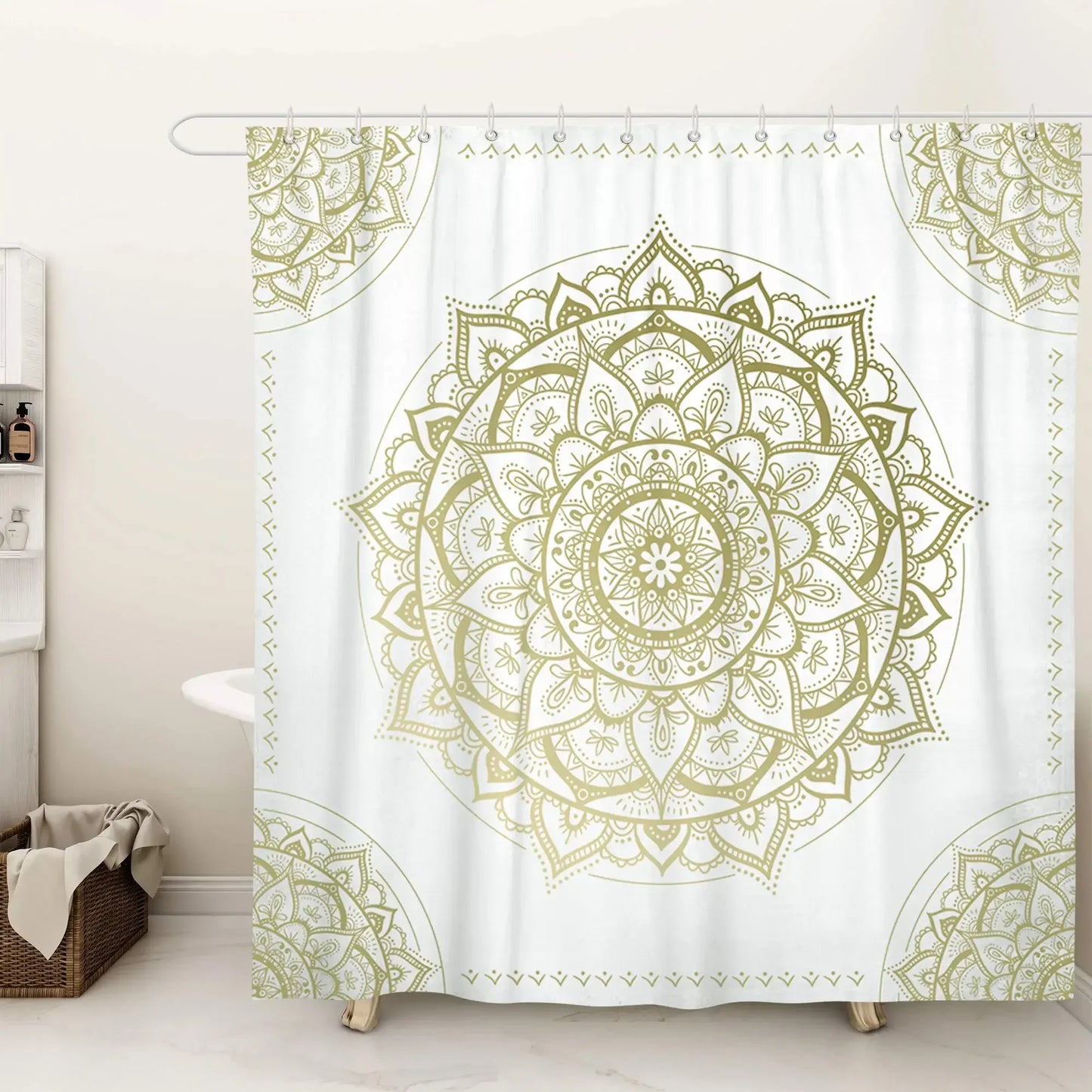 Mandala Flower Fabric Shower Curtain Set with Hooks