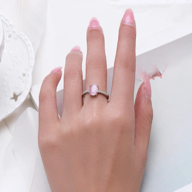 Modian Genuine 925 Sterling Silver Oval Pink Opal Ring