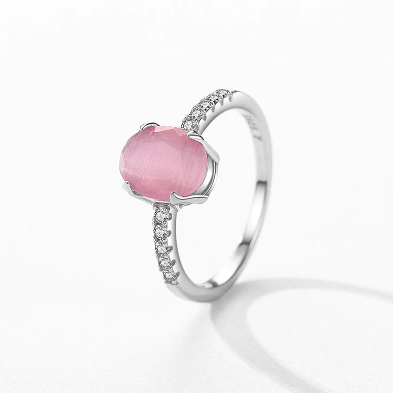 Modian Genuine 925 Sterling Silver Oval Pink Opal Ring